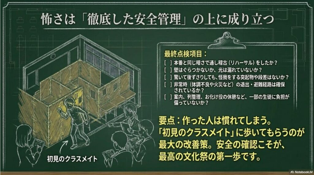 本番と同じ暗さでのリハーサル、壁のぐらつき、光漏れ、避難経路、役割分担を確認する最