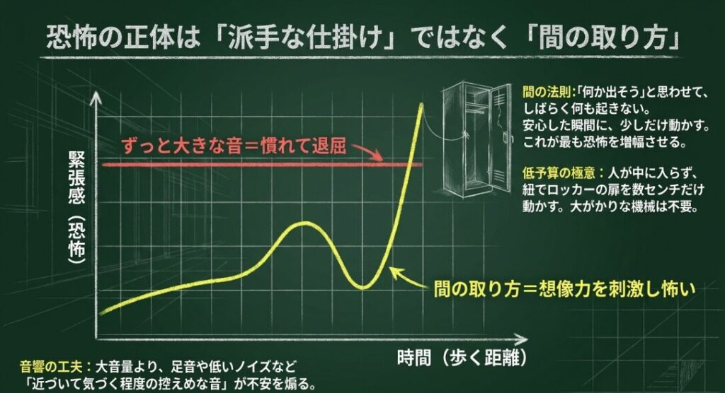 大きな音に頼らず、沈黙やロッカーのわずかな動きで恐怖を高める仕掛けの考え方