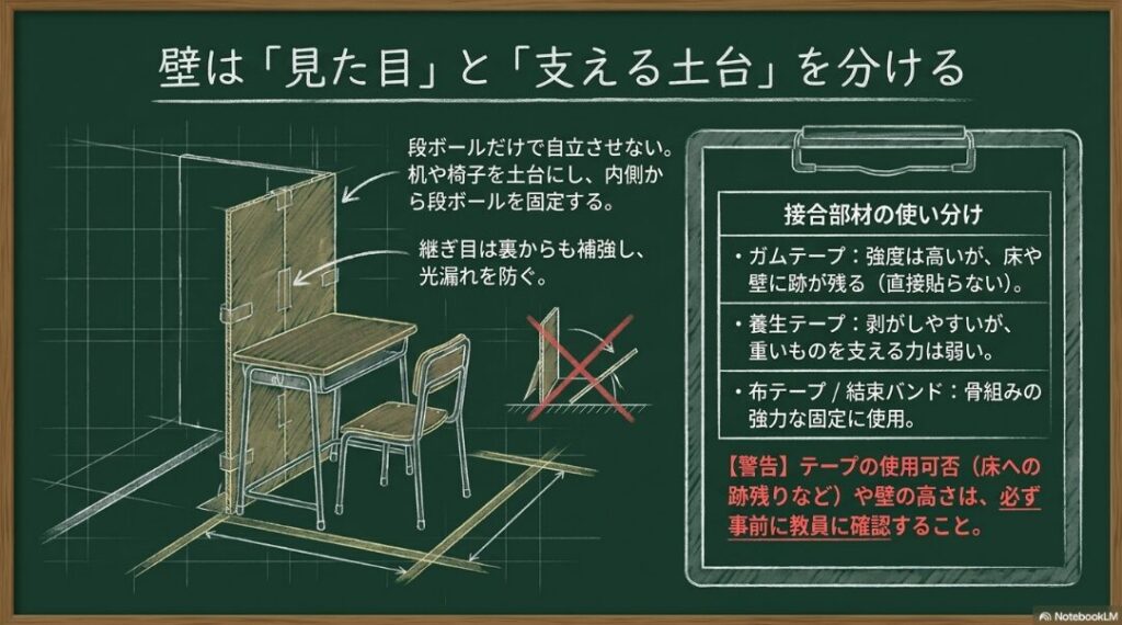 段ボール壁を机や椅子で支え、テープや結束バンドを使い分けて固定する方法を示した図