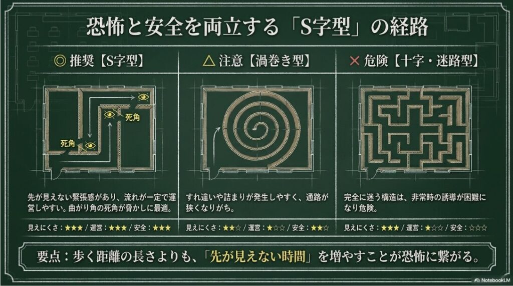 教室のお化け屋敷でS字型、渦巻き型、迷路型の間取りを比較し、安全性と怖さを整理した図