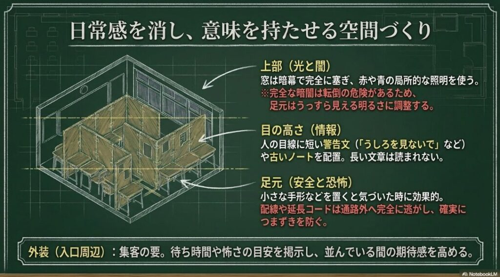 窓の遮光、目線の高さの装飾、足元の安全確保、外装演出を整理した教室内装の図